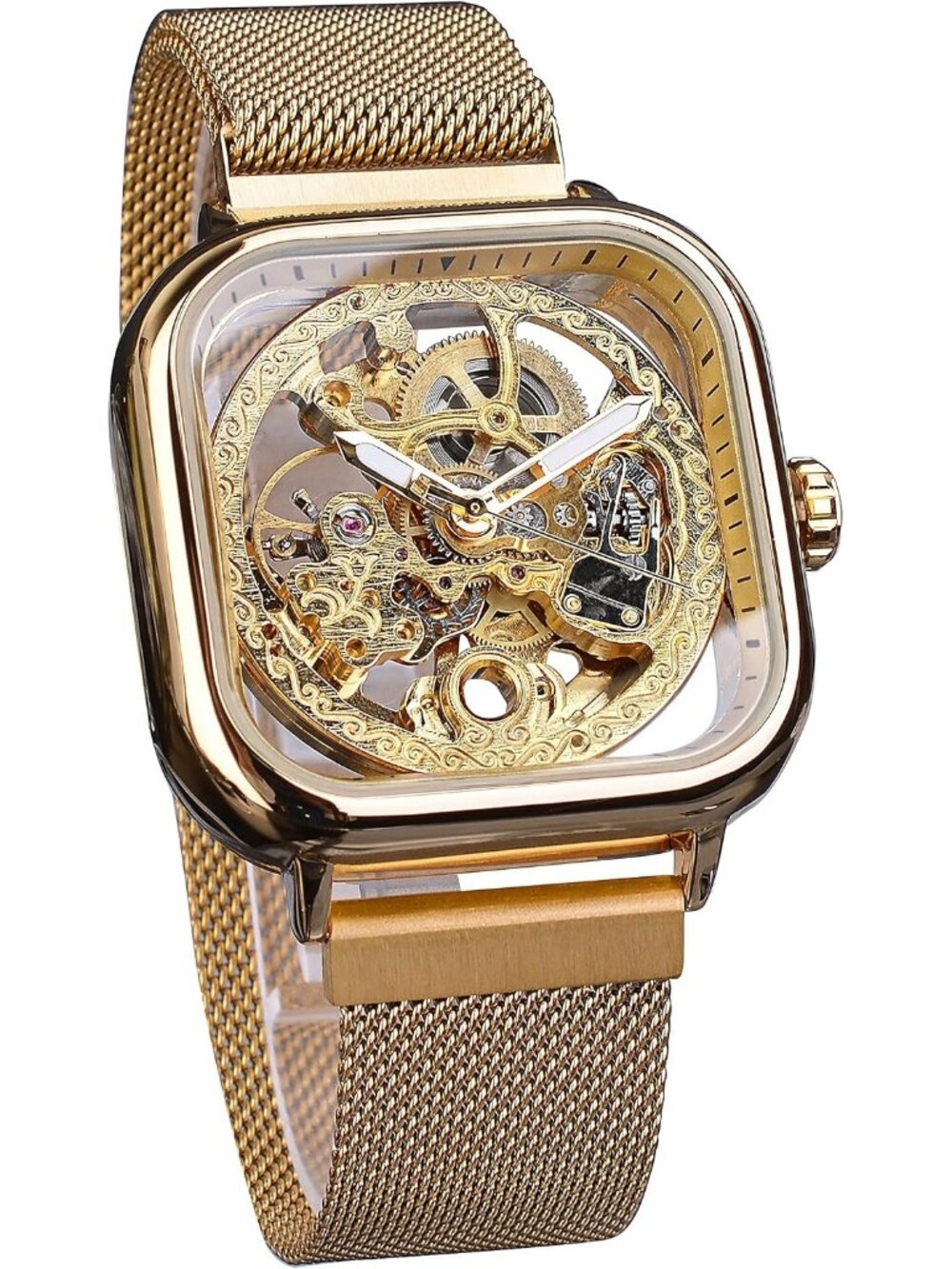 Men's Gold Automatic Mechanical Skeleton Stainless Steel Transparent Dial Watch